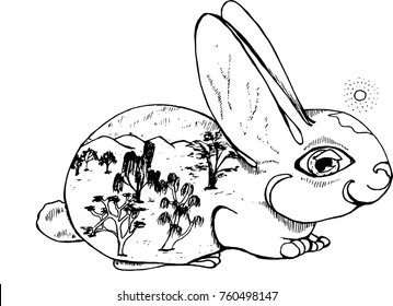 Black and white picture of hare with a large eye. Trees, mountains, entire world in him.