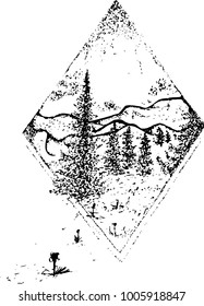 Black and white picture of the landscape, inscribed in a rhombus