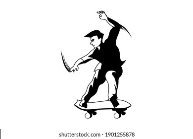 The black and white picture of A man is playing a snap on surf skateboard he action look like a surfer. The surf skateboard is surf simulation to play on land.