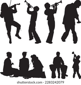 A black and white picture of a man playing a trumpet and a child playing a trumpet.