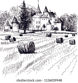 black and white picture of a medieval castle