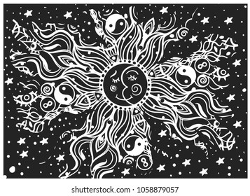 black and white picture of the moon and sun, line art