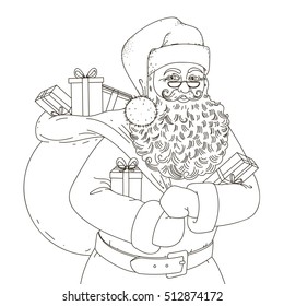 Black and white picture Santa Claus with a bag of gifts.