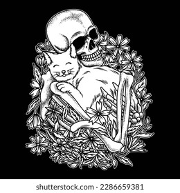 black and white picture showing a human skeleton hugging a cute cat that looks very happy plus a beautiful background of red flowers, and green leaves.