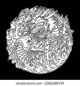 black and white picture showing Koi Japanese means carpet fish. Dragon, a legendary reptile-like creature. koi confronts a dragon from a background both of which differs between fire and water