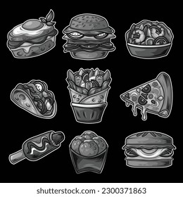 black and white picture shows Fast food is food that is prepared immediately. And seen in the picture, there are all kinds of fast food rows that look very tasty.