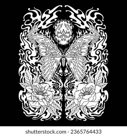 The black and white picture shows a large, beautiful moth and at the bottom there are two flowers that are no less large and beautiful with a beautiful blended background.
