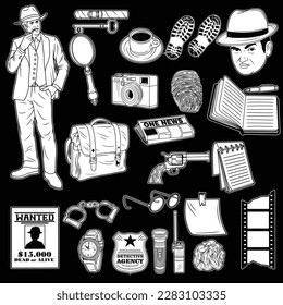 The black and white picture shows a man wearing a detective suit and carrying detective gear, and some evidence from his investigation. someone is investigating a crime.