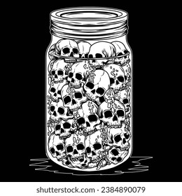 The black and white picture shows many skulls filling a jar filled with water.
