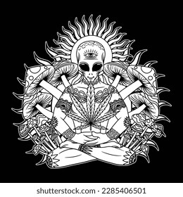 black and white picture shows Meditation is a form of practice to clear your mind, so you can feel calmer, more comfortable, and more productive. saw aliens meditating and surrounded by mushrooms.