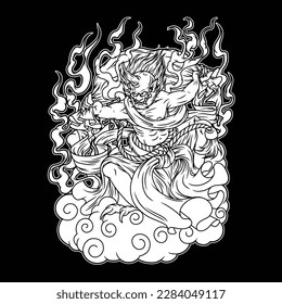 the black and white picture shows There is one in Japanese mythology, Fujin, who climbs the clouds and carries things. the Japanese god of wind and one of the oldest Shinto deities.
