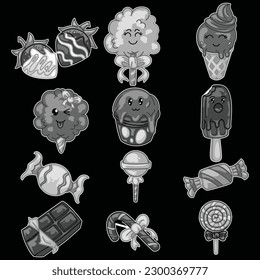 black and white picture shows   there are candies lined up with various shapes and types, some even have adorable expressions.