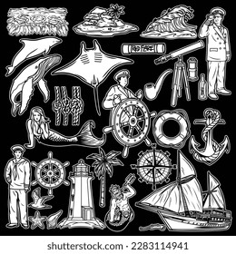 The black and white picture shows three sailors with their respective positions and duties there are several elements of the sea and ships, and also some sea dwellers can be seen in the picture.