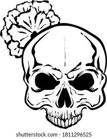 black and white picture of a skull with a flower
