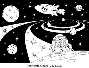 Black and white picture with the spaceships in the universe