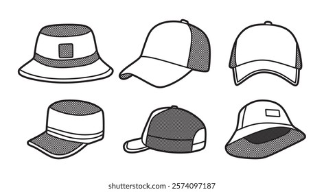 black and white picture, various hats