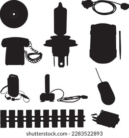 A black and white picture of various items including a wire, lamp, mouse, telephone and a cord.