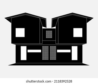 Black and white picture of the villa. Sketch of a two-story house in the Japanese style. Modernised house