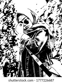 black and white picture of a woman wearing a hijab lowering her glasses.