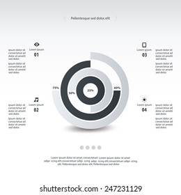 Black and White Pie chart graphic template for business design, infographics, reports, progress, websites, step presentation