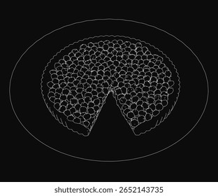 Desenho de pizza preto e branco centralizado em um plano de fundo escuro, circundado por um contorno fino. A composição simples, mas impressionante, realça a forma e a textura da sobremesa.