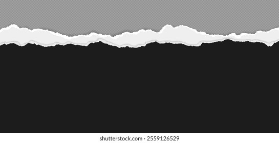 Black, white piece of paper with torn edges and soft shadow are on grey background for text or ad.