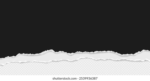 Los pedazos de papel negros y blancos con bordes rotos y sombra suave están sobre fondo transparente para texto o anuncio.