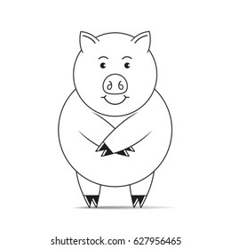 black & white pig cartoon character standing-vector drawing