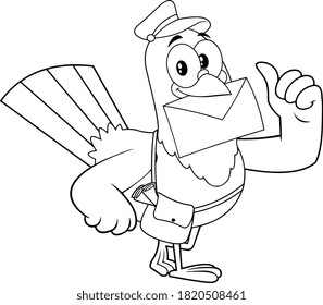 Black And White Pigeon Bird Cartoon Character Delivering Letter And Giving Thumbs Up. Vector Illustration Isolated On White Background