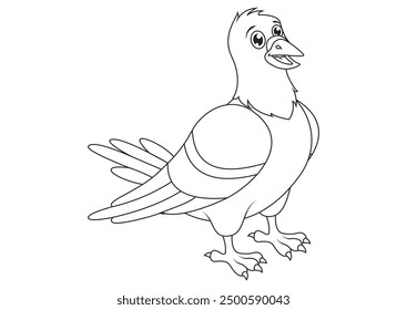 Black and White pigeon cartoon. Coloring page of cartoon pigeon vector flat design