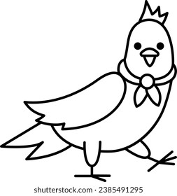 Black and white pigeon in scarf. City bird vector illustration. Cute character line icon or coloring page. French symbol picture
