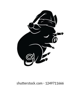 Black and white piggy with a Santa hat, sleeping
