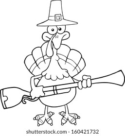 Black and White Pilgrim Turkey Bird Cartoon Character With A Musket