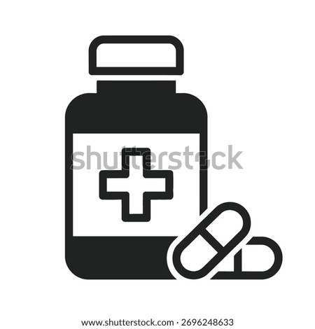 Black and White Pill Bottle Line Icon. Pharmaceutical and Medication Symbol.
