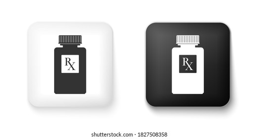 Black And White Pill Bottle With Rx Sign And Pills Icon Isolated On White Background. Pharmacy Design. Rx As A Prescription Symbol On Drug Medicine Bottle. Square Button. Vector.