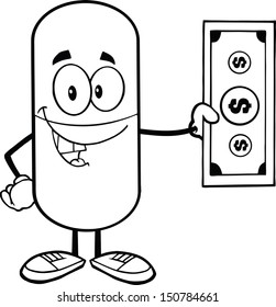 Black And White Pill Capsule Cartoon Character Showing A Dollar Bill