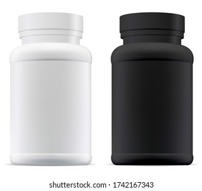 Black And White Pill Jar. Plastic Supplement Bottle Mockup. Pharmaceutical Tablet Container Illustration. Set Of Aspirin Capsule Package Vector Design. Protein Powder Pack