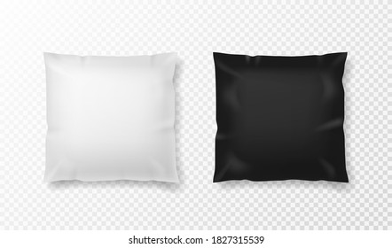 Black and white pillow. Realistic comfort orthopedic pillows mockup, front view textile cushion for branding, advertise and presentation 3d single vector template isolated on transparent background