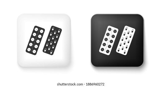 Black and white Pills or capsules in blister package icon isolated on white background. Tablets in package. Medications Accessory pharmacies and first aid kits. Square button. Vector.