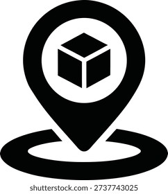 Black and white pin with a cube inside a circle on a flat surface