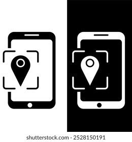Black and white pin and phone icon, isolated on transparent background. pin and cell phone illustration. Location map icon. Location pins