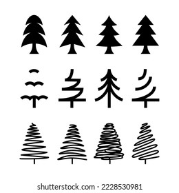 Black And White Pine Or Fir Tree Silhouette Line Art Vector Sets