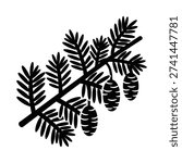 Black and white pine tree branch with cones isolated on white background vector illustration