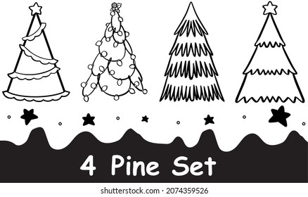 Black and white pine tree set, hand drawn style.