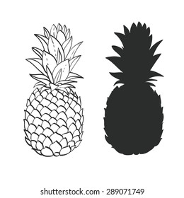 Black and white Pineapple hand-drawn and silhouette. Coloring book for adults.