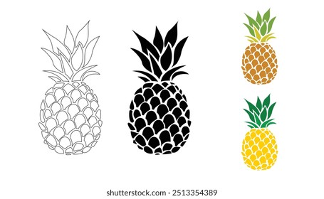 ilustração de abacaxi preto e branco e duas opções de cores