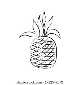 Black and white pineapple isolated on white background. Vector illustration. Doodle style. Decorative retro style pineapple product for restaurant menu, market label, logo, coloring book.