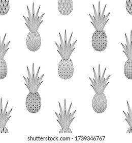 Black and white pineapple seamless pattern.Tropical vector fruits. Linear style. Doodle. Decorative lace elements on white background. For textiles, fabrics, wallpaper, wrapping paper.