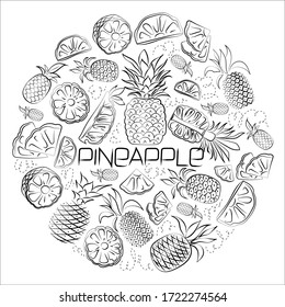 Black and white pineapples isolated on white background. Vector illustration. Doodle. Decorative retro style pineapples product for restaurant menu, market label, coloring book.