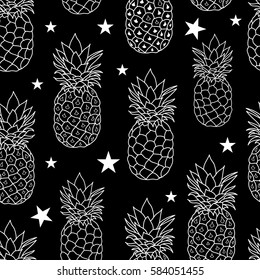 Black and White Pineapples Stars Vector Repeat Geometric Seamless Pattern. great for fabric, packaging, wallpaper, invitations.